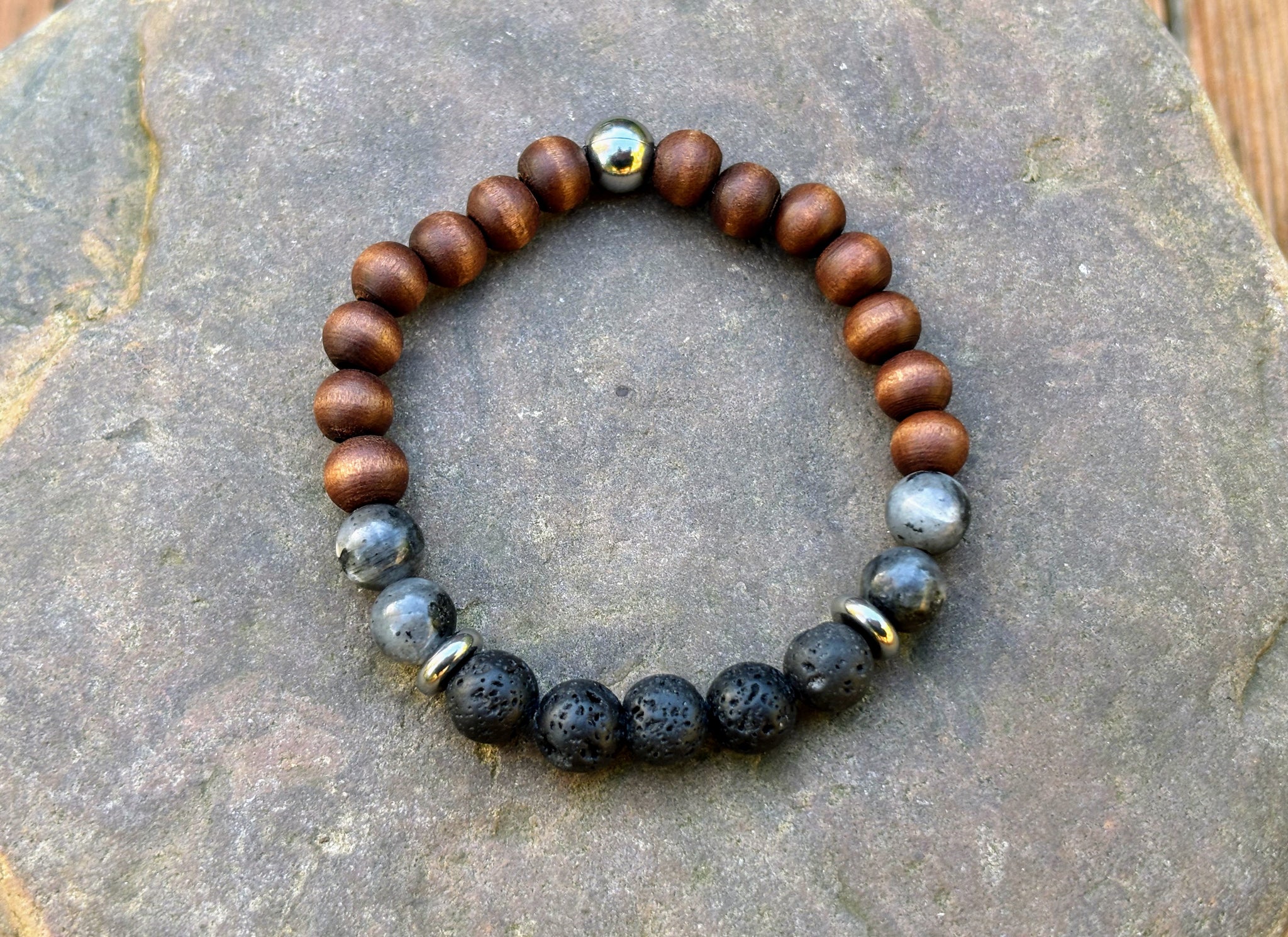 Bracelet Perles Labradorite, Hématite Et Bois Sur Mesure - Homme Ou Femme, Fait Main Neuf