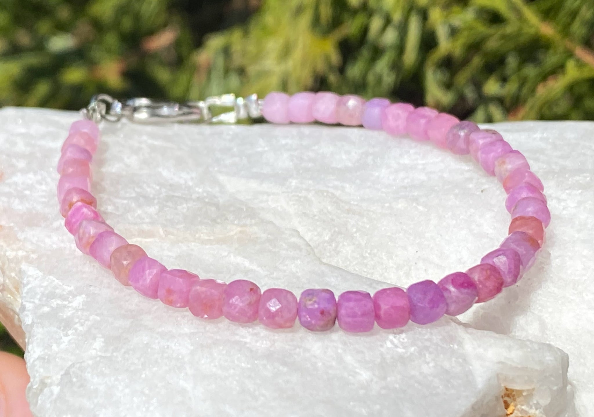 Bracelet Chaîne Argent 925 – Rubellite Rose Naturelle – Fait Main Inde